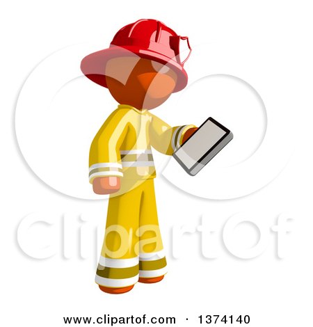 Clipart of an Orange Man Firefighter Looking at a Smart Phone, on a White Background - Royalty Free Illustration by Leo Blanchette