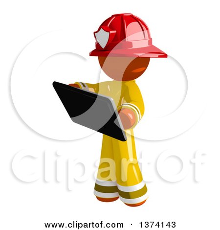Clipart of an Orange Man Firefighter Using a Tablet Computer, on a White Background - Royalty Free Illustration by Leo Blanchette