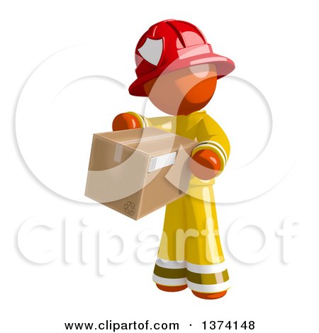 Clipart of an Orange Man Firefighter Holding a Box, on a White Background - Royalty Free Illustration by Leo Blanchette