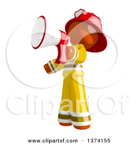 Clipart of an Orange Man Firefighter Announcing with a Megaphone, on a White Background - Royalty Free Illustration by Leo Blanchette
