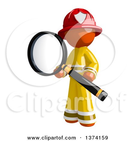 Clipart of an Orange Man Firefighter Searching with a Magnifying Glass, on a White Background - Royalty Free Illustration by Leo Blanchette