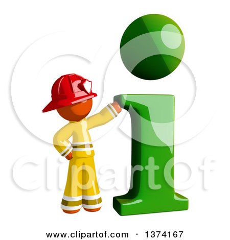 Clipart of an Orange Man Firefighter with an I Info Icon, on a White Background - Royalty Free Illustration by Leo Blanchette