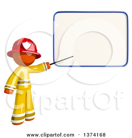 Clipart of an Orange Man Firefighter Pointing to a White Board, on a White Background - Royalty Free Illustration by Leo Blanchette