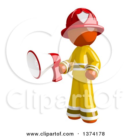 Clipart of an Orange Man Firefighter Holding a Megaphone, on a White Background - Royalty Free Illustration by Leo Blanchette