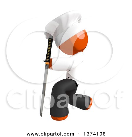 Clipart of an Orange Man Chef Kneeling with a Katana Sword, on a White Background - Royalty Free Illustration by Leo Blanchette