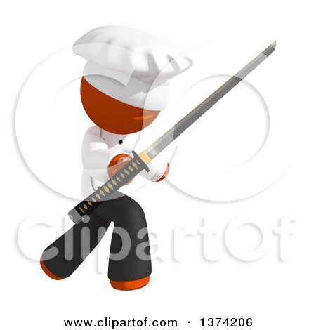 Clipart of an Orange Man Chef Using a Katana Sword, on a White Background - Royalty Free Illustration by Leo Blanchette