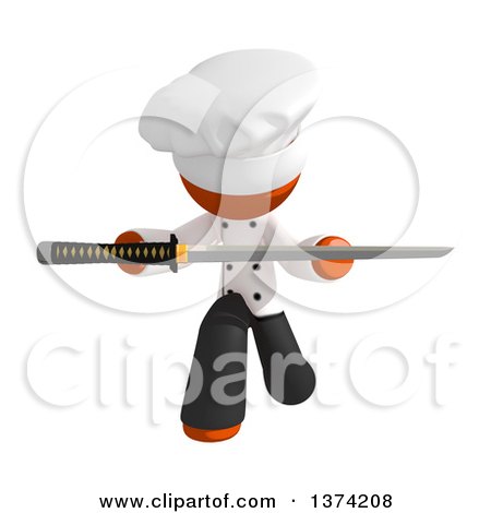 Clipart of an Orange Man Chef Holding a Katana Sword, on a White Background - Royalty Free Illustration by Leo Blanchette