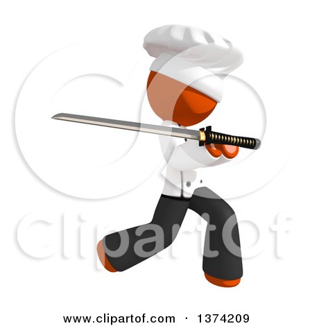 Clipart of an Orange Man Chef Using a Katana Sword, on a White Background - Royalty Free Illustration by Leo Blanchette