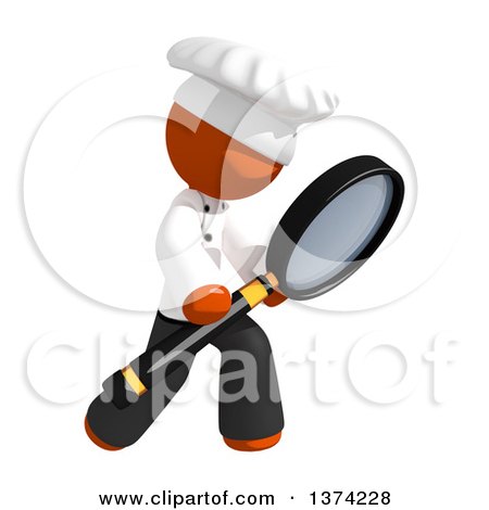 Clipart of an Orange Man Chef Searching with a Magnifying Glass, on a White Background - Royalty Free Illustration by Leo Blanchette