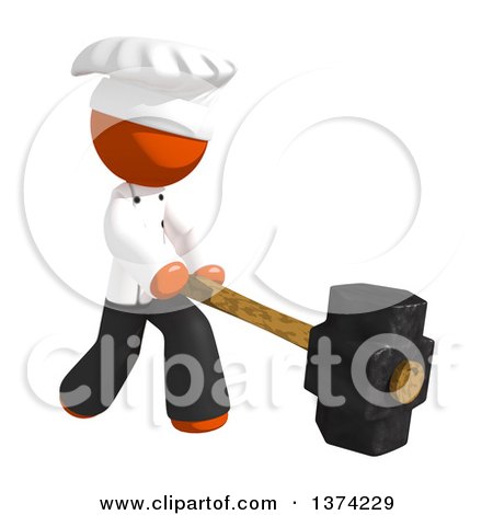 Clipart of an Orange Man Chef Swinging a Sledgehammer, on a White Background - Royalty Free Illustration by Leo Blanchette