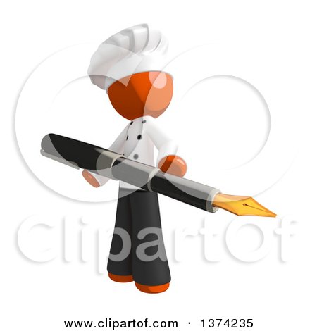 Clipart of an Orange Man Chef Holding a Fountain Pen, on a White Background - Royalty Free Illustration by Leo Blanchette