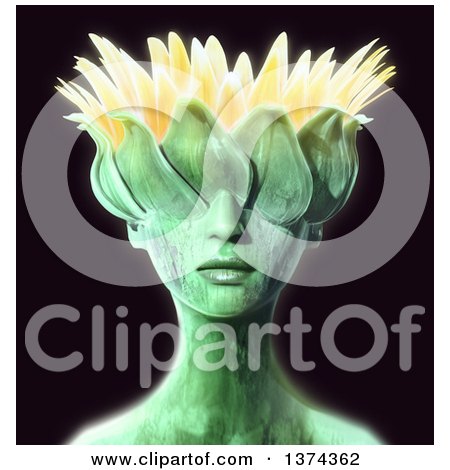 Clipart of a 3d Green Organic Woman with a Flower Head, on a Black Background - Royalty Free Illustration by Leo Blanchette