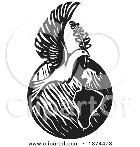 Clipart of a Black and White Woodcut Peace Dove Flying over Earth with a Branch - Royalty Free Vector Illustration by xunantunich
