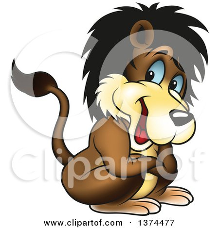 Clipart of a Handsome Blue Eyed Lion Crouching with Folded Arms - Royalty Free Vector Illustration by dero
