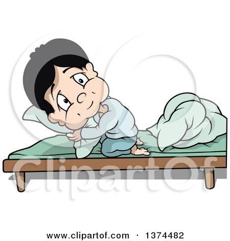 Clipart of a Boy Cuddling with a Pillow on a Bed - Royalty Free Vector Illustration by dero