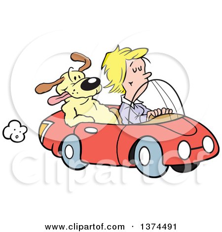 Cartoon Clipart of a Blond White Woman Cruising in Her Red Convertible Car with a Dog in the Passenger Seat - Royalty Free Vector Illustration by Johnny Sajem
