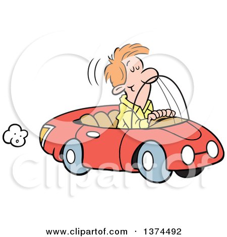 Cartoon Clipart of a Red Haired White Man Cruising in His Red Convertible Car - Royalty Free Vector Illustration by Johnny Sajem