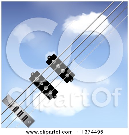 Clipart of 3d Bass Guitar Strings Diagonally over a Blue Sky with Puffy Clouds - Royalty Free Vector Illustration by elaineitalia