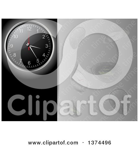 Clipart of a 3d Wall Clock over a Black Panel with Text Space, Next to a Gray Panel with Warped Clocks and Time Text - Royalty Free Vector Illustration by elaineitalia