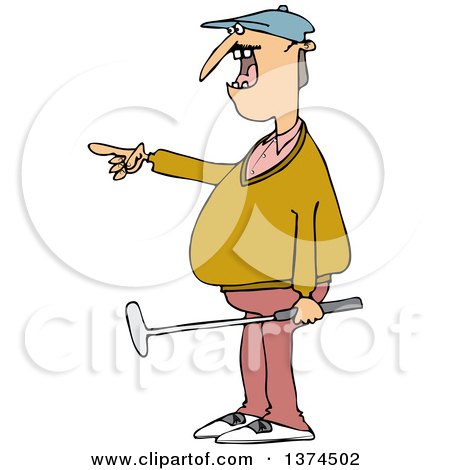 Clipart of a Chubby White Male Golfer Holding a Club and Pointing to the Left - Royalty Free Vector Illustration by djart