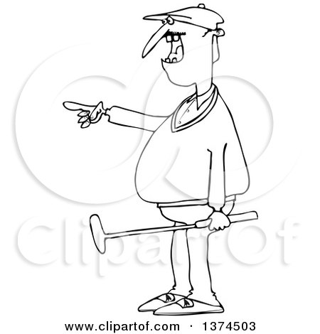 Clipart of a Black and White Chubby Male Golfer Holding a Club and Pointing to the Left - Royalty Free Vector Illustration by djart