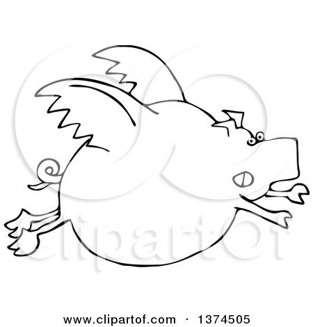 Clipart of a Black and White Cartoon Chubby Pig Flying - Royalty Free Vector Illustration by djart