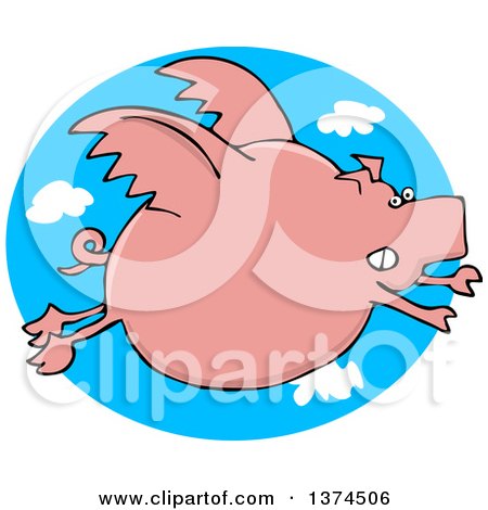 Clipart of a Cartoon Chubby Pink Pig Flying over a Sky Oval - Royalty Free Vector Illustration by djart