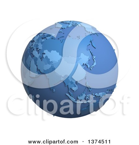 Clipart of a 3d Blue Political Globe with Extruded Countries, Centered on China, on a White Background - Royalty Free Illustration by Michael Schmeling
