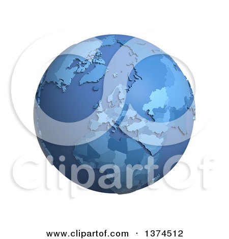 Clipart of a 3d Blue Political Globe with Extruded Countries, Centered on Europe, on a White Background - Royalty Free Illustration by Michael Schmeling