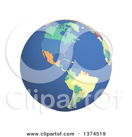 Clipart of a 3d Political Globe with Colored and Extruded Countries, Centered on the Americas, on a White Background - Royalty Free Illustration by Michael Schmeling