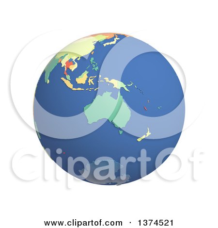 Clipart of a 3d Political Globe with Colored and Extruded Countries, Centered on Australia, on a White Background - Royalty Free Illustration by Michael Schmeling
