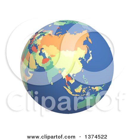 Clipart of a 3d Political Globe with Colored and Extruded Countries, Centered on China, on a White Background - Royalty Free Illustration by Michael Schmeling
