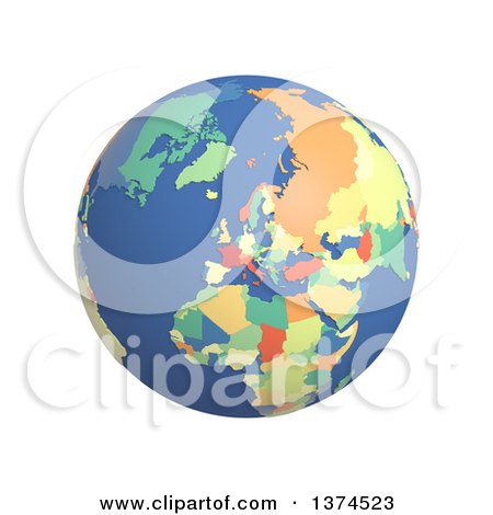 Clipart of a 3d Political Globe with Colored and Extruded Countries, Centered on Europe, on a White Background - Royalty Free Illustration by Michael Schmeling