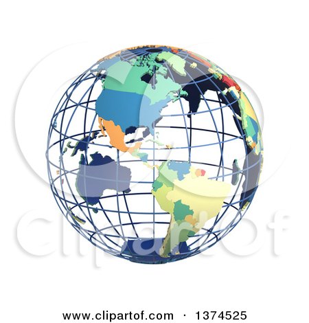Clipart of a 3d Political Wire Globe with Colored and Extruded Countries, Centered on the Americas, on a White Background - Royalty Free Illustration by Michael Schmeling