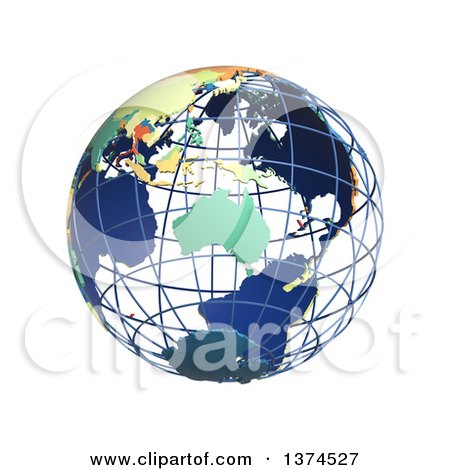 Clipart of a 3d Political Wire Globe with Colored and Extruded Countries, Centered on Australia, on a White Background - Royalty Free Illustration by Michael Schmeling