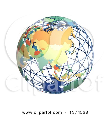 Clipart of a 3d Political Wire Globe with Colored and Extruded Countries, Centered on China, on a White Background - Royalty Free Illustration by Michael Schmeling