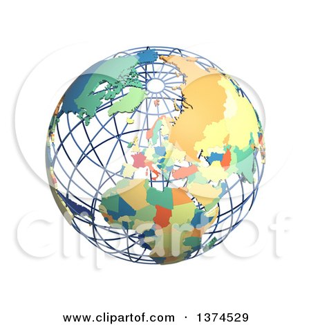 Clipart of a 3d Political Wire Globe with Colored and Extruded Countries, Centered on Europe, on a White Background - Royalty Free Illustration by Michael Schmeling