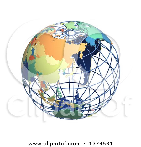 Clipart of a 3d Political Wire Globe with Colored and Extruded Countries, Centered on Japan, on a White Background - Royalty Free Illustration by Michael Schmeling