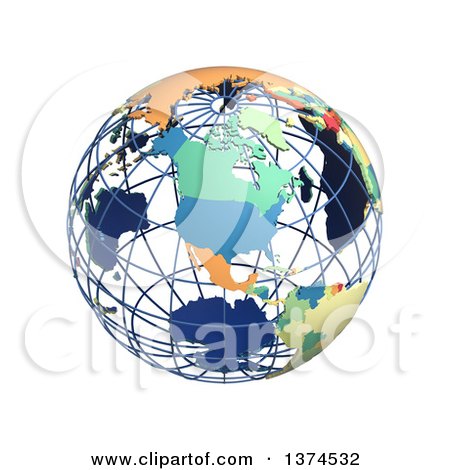 Clipart of a 3d Political Wire Globe with Colored and Extruded Countries, Centered on North America, on a White Background - Royalty Free Illustration by Michael Schmeling