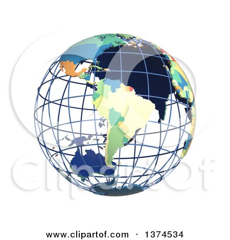 Clipart of a 3d Political Wire Globe with Colored and Extruded Countries, Centered on South America, on a White Background - Royalty Free Illustration by Michael Schmeling