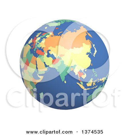 Clipart of a 3d Political Globe with Colored and Extruded Countries, Centered on India, on a White Background - Royalty Free Illustration by Michael Schmeling
