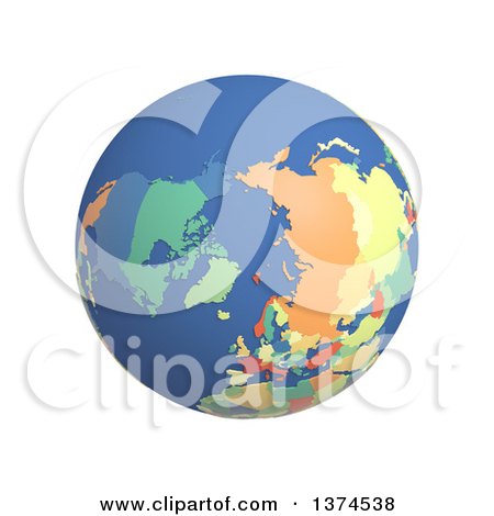 Clipart of a 3d Political Globe with Colored and Extruded Countries, Centered on the North Pole, on a White Background - Royalty Free Illustration by Michael Schmeling