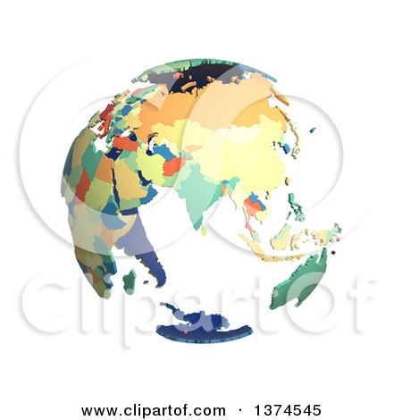 Clipart of a Political Globe with Colorful 3d Extruded Countries, Centered on India, on a White Background - Royalty Free Illustration by Michael Schmeling