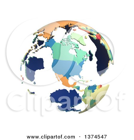 Clipart of a Political Globe with Colorful 3d Extruded Countries, Centered on North America, on a White Background - Royalty Free Illustration by Michael Schmeling