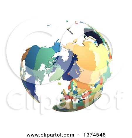 Clipart of a Political Globe with Colorful 3d Extruded Countries, Centered on North Pole, on a White Background - Royalty Free Illustration by Michael Schmeling