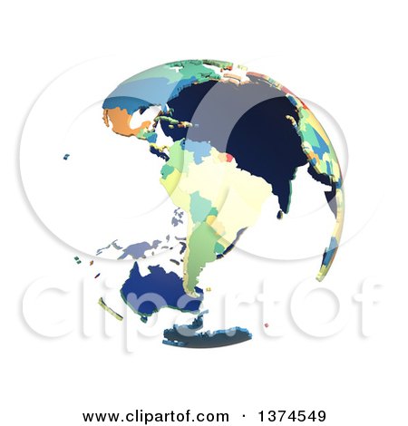 Clipart of a Political Globe with Colorful 3d Extruded Countries, Centered on South America, on a White Background - Royalty Free Illustration by Michael Schmeling