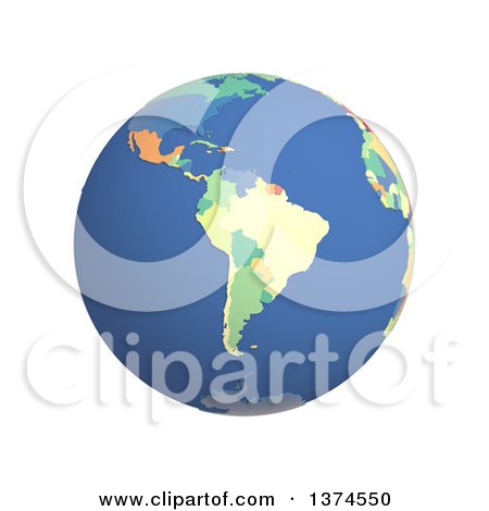 Clipart of a 3d Political Globe with Colored and Extruded Countries, Centered on the South America, on a White Background - Royalty Free Illustration by Michael Schmeling