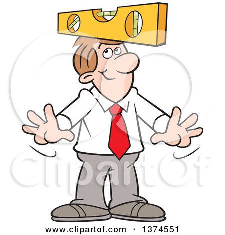 Cartoon Clipart of a Level Headed White Business Man Balancing a Level on His Head - Royalty Free Vector Illustration by Johnny Sajem