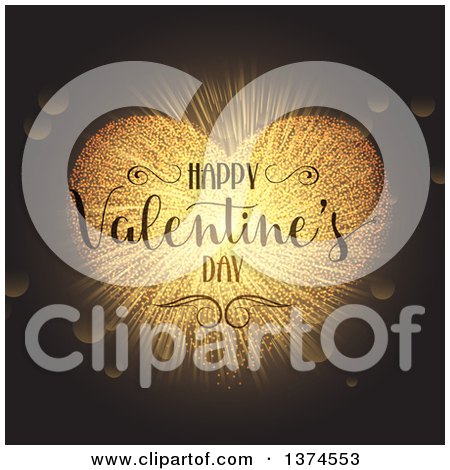 Clipart of a Happy Valentines Day Greeting over a Gold Sparkle Heart, Burst and Flares on a Dark Background - Royalty Free Vector Illustration by KJ Pargeter