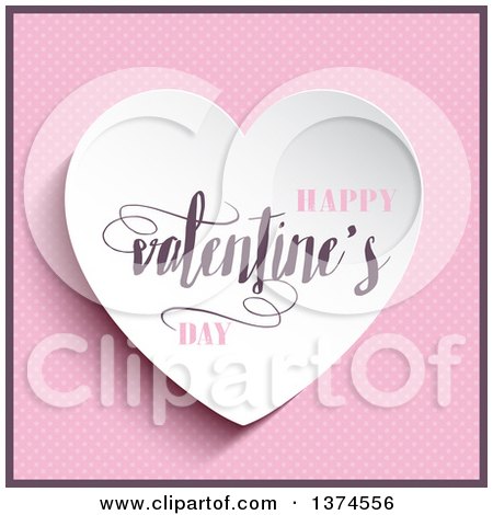 Clipart of a 3d White Heart with Happy Valentines Day Text over Pink Polka Dots - Royalty Free Vector Illustration by KJ Pargeter